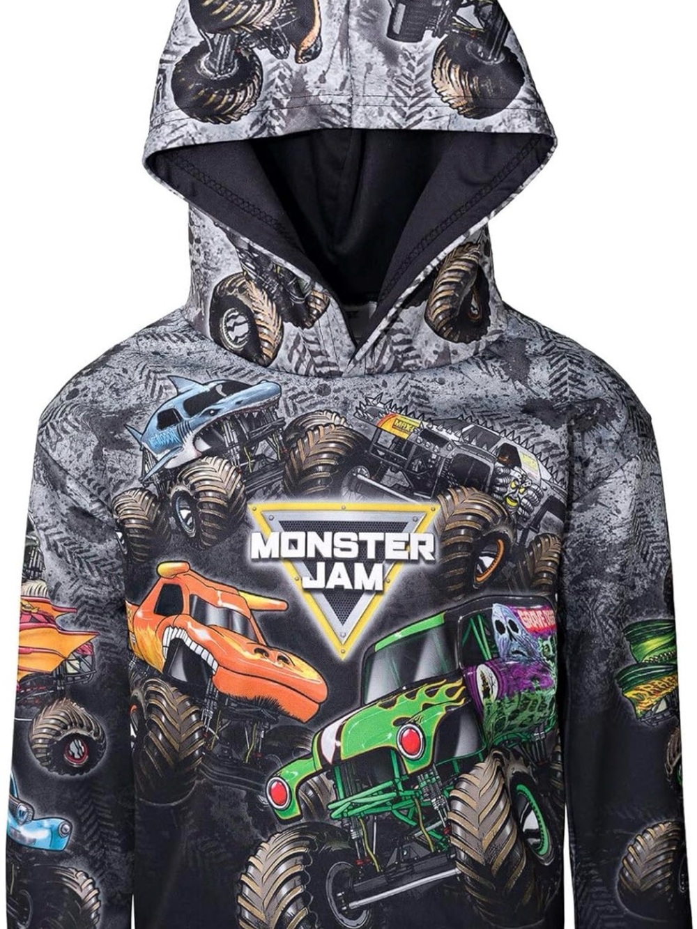EUC Monster Jam Hooded Pullover - Grey with Multicolor Monster Trucks 4T